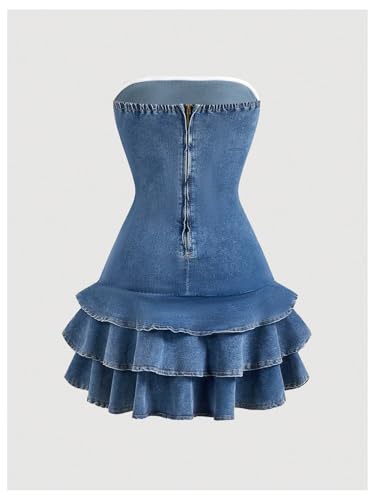 Image of MakeMeChic Women's Layered Ruffle Denim Mini Dress Strapless Bandeau Bow Jean Dresses