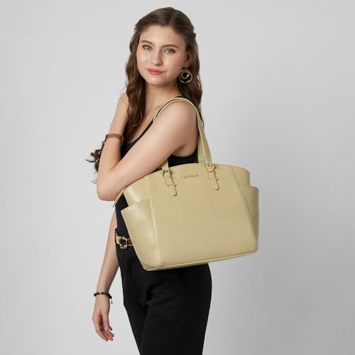 Image of Caprese Macie Medium Alpine Oat Tote Bag for Women | Solid Faux Leather Shoulder Handbag with Spacious Interior & Zipper Closure | Fits Up to 16-Inch Laptop | Office & Travel Use