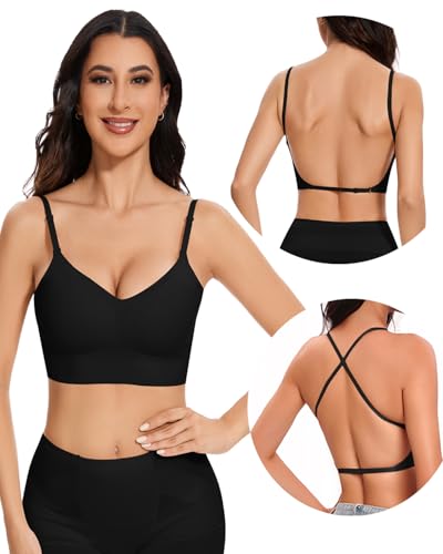 newlashua Low Back Bra - Backless Bra - Open Back Halter Bras XL Black