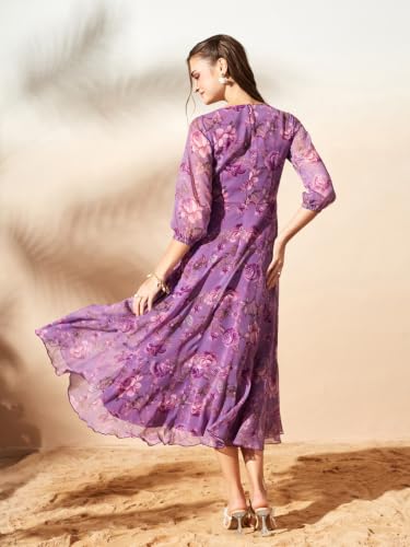 Image of Miss Chase Women's Multicolored Black Floral V-Neck 3 /4 Sleeve Wrap Chiffon Midi Dress