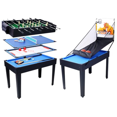 5 in 1 Multi-Game Table, Combo Game Table with Billiards, Push Hockey, Foosball, Ping Pong, Basketball for Adults Kids, Portable Multi Game Combination Table Set for Home, Game Room, Indoor & Outdoor