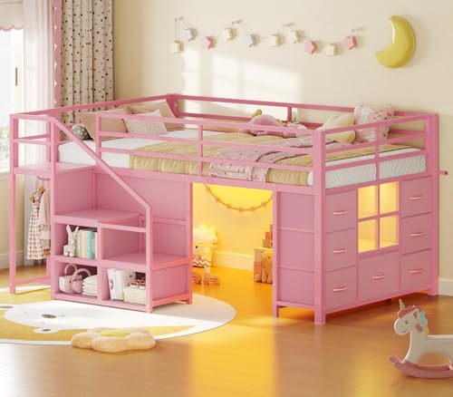 BTHFST Low Loft Bed Twin Size with Stairs & LED