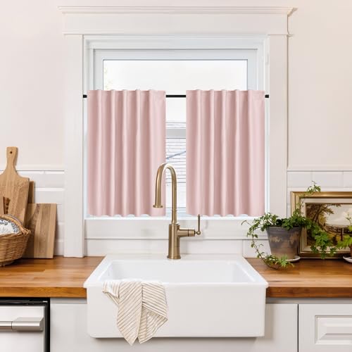 Image of RYB HOME 100% Blackout Basement Curtains 30 inches Long, Heat & UV Blocking Total Room Darkening Noise Reducing Back Tab Curtains for Bathroom RV Campers, Baby Pink, 2 Panels Set