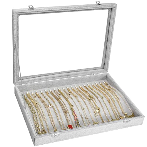 Necklace Organizer Box Premium 20 Hooks Necklace Display Jewelry Tray with Transparent Lid Jewelry Necklace Display Box for Necklace Pendants Suitable for Women and Girls (Grey)
