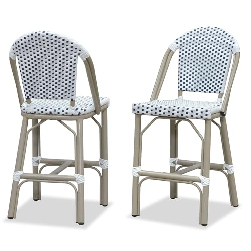 PURPLE LEAF French Counter Height Bar Stools Set of 2 Champagne Print Finish Outdoor Bar Stools with Back Rattan 26'' Patio Bar Height Stool for Garden Kitchen, White&Blue