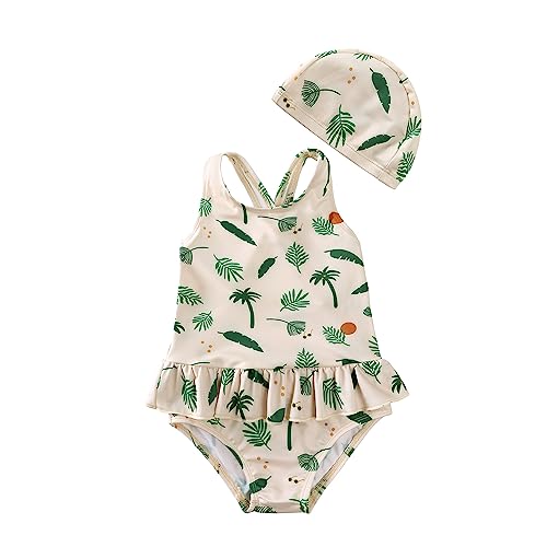 Image of DEFAHN Toddler Swimsuit Girl One-Piece Swimwear Girl Ruffled Bathing Suits with Hat 9 Month-6Y