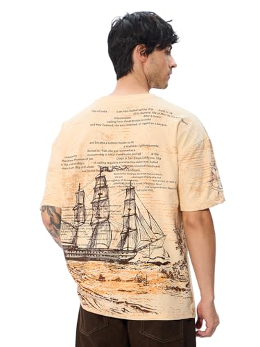 Image of The Souled Store Let's Sail Men and Boys Short Sleeves Round Neck Beige Graphic Printed Cotton Oversized T-Shirts