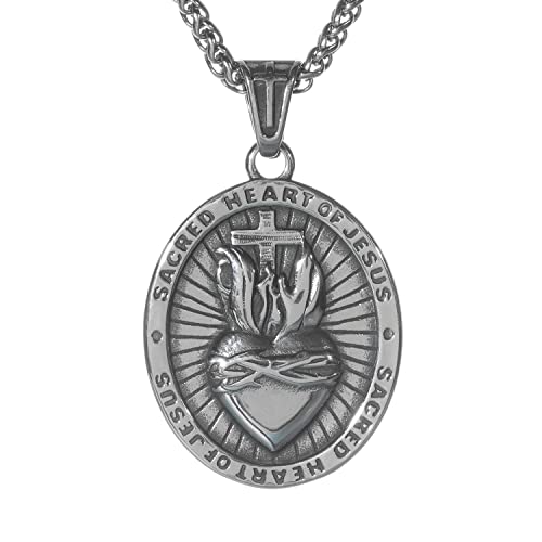 Sacred Heart of Jesus Necklace, Stainless Steel Jesus Christ Sacred Heart Medal, Punk Pendant Necklace Trendy Jewelry Christian Amulet Christian Gift