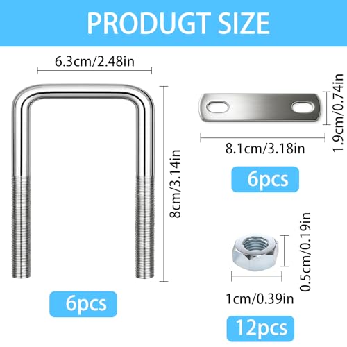 KAIYAYA 6 Stück Bügelschraube U Bügel mit Gewinde M6 50 x 80mm Edelstahl U Schrauben Quadratische Bügelschrauben, Bügelbolzen für Zaunpfosten, Rohr Befestigung, Auto Abschleppen, Zurrbügel