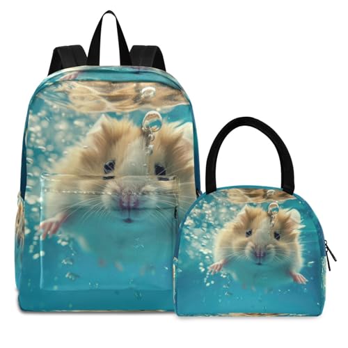 Backpack Lunch Box Set Large Capacity Travel Backpacks and Insulated Lunch Bag for Commute Hiking Picnic Hamster in Pool Print