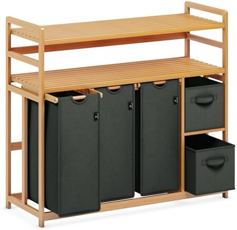 AdelDream Wäschekorb 190L, 5 Fächer Wäschesammler, 2 Ablagen, Bambus | Wäschesortierer mit 3 x 50L Säcken, 2 x 20L Boxen, ausziehbar, Dunkelgrau
