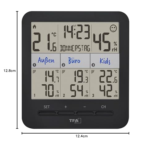 TFA Dostmann Termohigrometr z 3 nadajnikami Klima@Home2, 30.3075.01, temperatura/wilgotność powietrza w pomieszczeniach mieszkalnych i roboczych, wraz z podaniem punktu rosy w celu uniknięcia