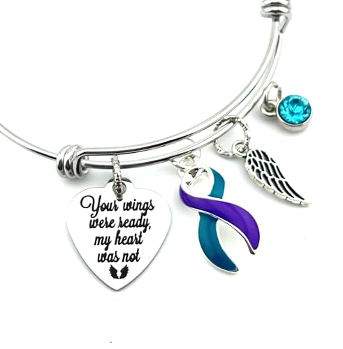 Your Wings Were Ready Memorial Charm Bracelet with Suicide Awareness Ribbon/Remembrance, Sympathy Gift