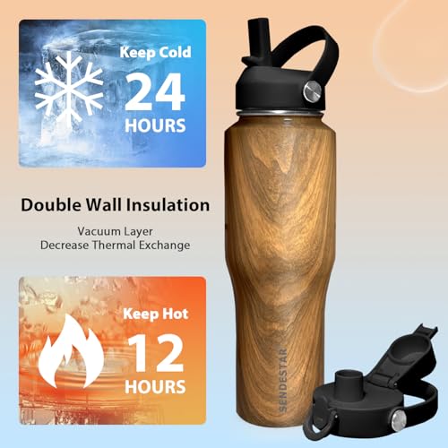 Image of SENDESTAR 32oz Water Bottle Wide Mouth Stainless Steel Vacuum Insulated Double Wall with 2 Straw Lids Fit in Any Car Cup Holder