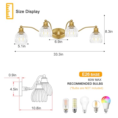 Image of Vintage 4 Light Vanity Light, Brushed Gold Bathroom Vanity Light, 33.3 Inch Bathroom Light Fixtures with Glass Shade, Antique Vanity Light Fixtures Over Mirror, Wall Sconce for Bedroom, Living Room