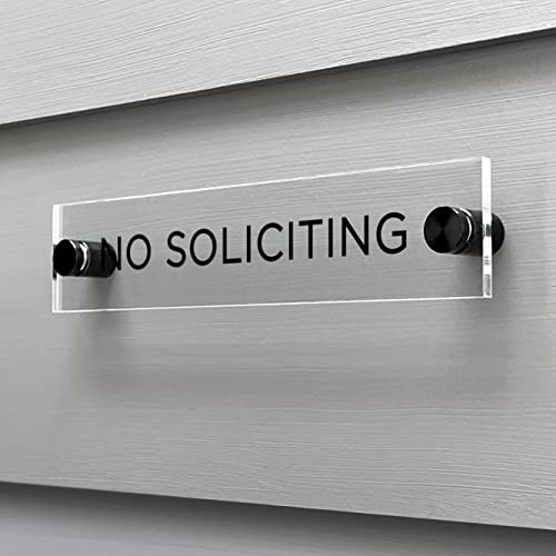 Clear Acrylic No Soliciting Sign, Modern Design Door Sign, Minimalist Design, Includes mounting Hardware. 7' X 1.5'. Guaranteed not to Yellow! | Black Text
