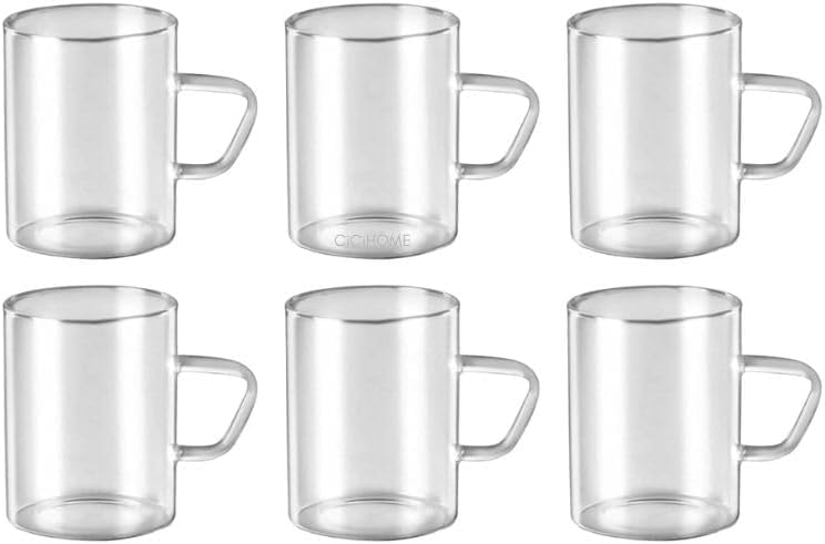 Nobel Glass Tea and Coffee Mugs, 250 ml, Set of 6, Borosilicate Glass with Handle, Microwave Safe