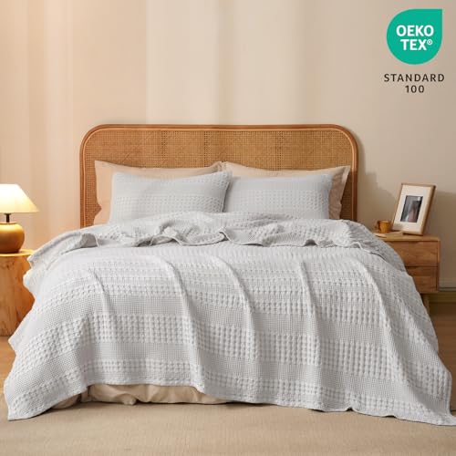Image of PHF 100% Cotton Waffle Blanket Twin Size for College Dorm, Lightweight Breathable and Soft for Summer, Luxury Aesthetic Waffle Weave Blanket for Bed & Gifts for Women, 66 inchx90 inch, Light Grey