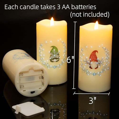 Image of Eywamage Gnomes Christmas Fiber Optic Flameless Candles with Remote, Snowflakes Flickering LED Battery Pillar Candles Set of 3