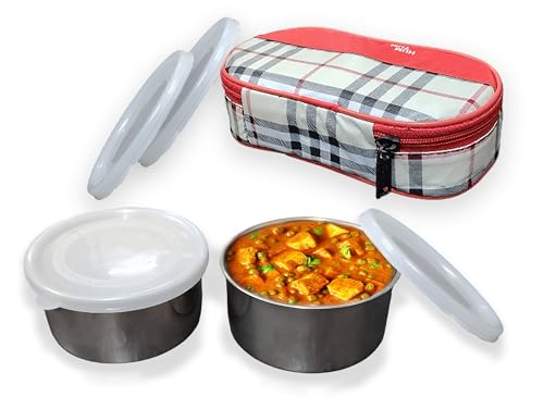 Image of Taxton Stainless Steel Lunch Box with 2 Containers and Insulated Carry Bag, Checkered Pattern, Plastic Lid (White Red)