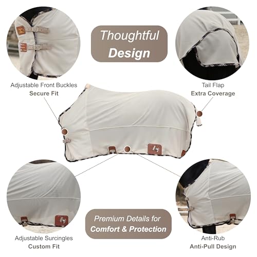Image of BARN & STABLE Breathable and UV Protective Tear-Resistant Mesh Horse Fly Sheet Comfy Equine Summer Sheet with Removable Web Leg Straps (Sand, 69 in)