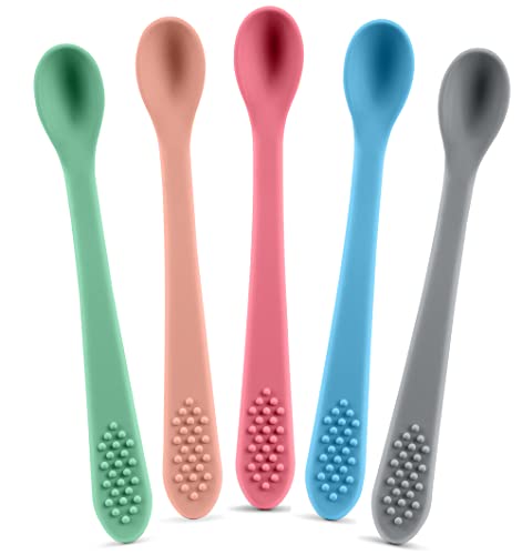 Greatest First Stage Child Toddler Spoons, 5-Pack, Delicate Silicone Child Spoons Coaching Spoon Reward Set for Toddler (Delicate Multicolored)