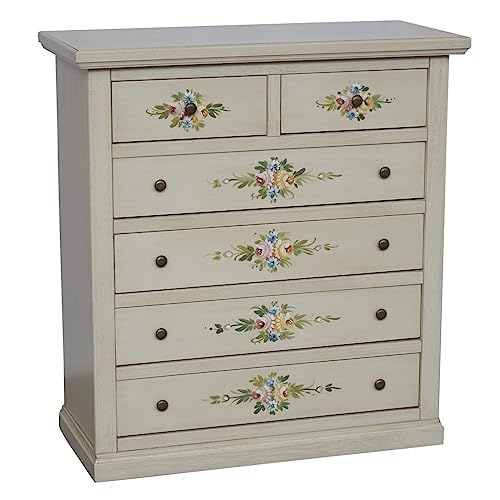 Vicentini arreda CASSETTIERA CINQUINO IN LEGNO SHABBY CHIC BIANCO ANTICATO DECORATO A MANO 4 + 2 LARGA