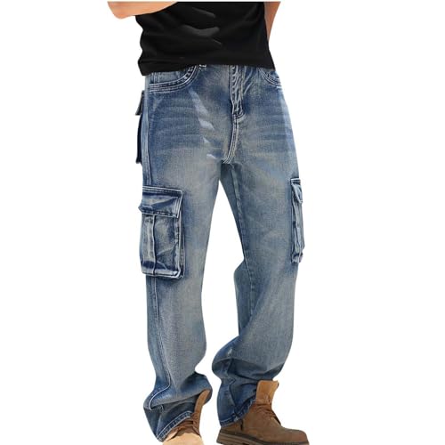 Mens Baggy Cargo Jeans Loose Fit Straight Leg Hip Hop Denim Workwear Pants with Pockets Casual
