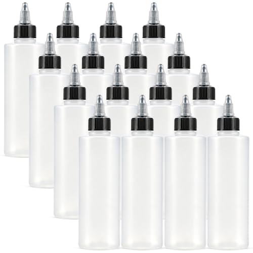 Bekith 16 Pack 8oz Plastic Squeeze Bottles with Twist Top Caps, Empty Boston Dispensing Bottles for Icing, Cookie Decorating, Sauces, Condiments, Arts and Crafts