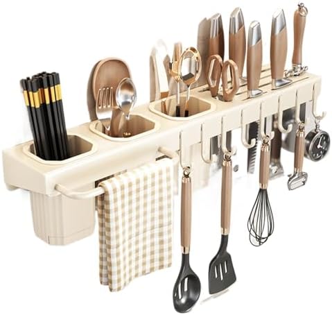 Wall Mounted Kitchen Organizer - Heavy Duty Knife & Cutlery Holder with Cooking Tools, Towel Hooks & Space-Saving Storage Rack - Easy to Install, Rust-Resistant (Gray)