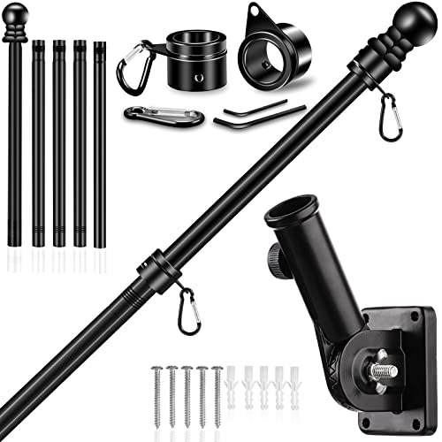 Upgraded Flag Pole Kit W/Mutil-Position Adjustable Bracket Holder & W/Spinning Rings - 5Ft To 6Ft 1" Metal Flagpole Kit For 3X5 American Flag - House Wall Mount Flag Pole (6 Ft, W/180° Black Bracket) #TOP12