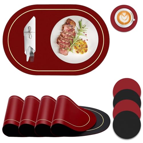 Image of Placemats, PU Leather Place Mats and Coasters Set of 4, Dual Color Sided Heat Resistant Table Mats Non-slip Washable Wipeable Kitchen Place Mat Large for Home Indoor Outdoor Dining45x 30cm(Black Red)