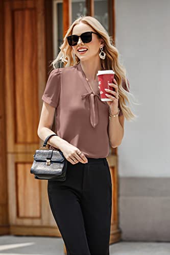 Acevog Formal Blouses For Women Short Sleeve Chiffon Blouses Bow Tie Neck Shirts Work Casual Summer Tops Medium Gray Pink #TOP2