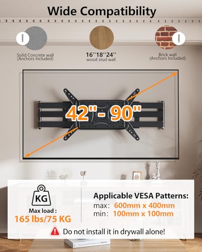 Rotating TV Wall Mount 180° Landscape to Vertical, Heavy Duty Long Arm TV Wall Mount with 43 inch Extension Full Motion for 42 to 77,80,85,86,90 inch Screen 132 lbs, Max VESA 600x400mm,16-24" Wall — view 2