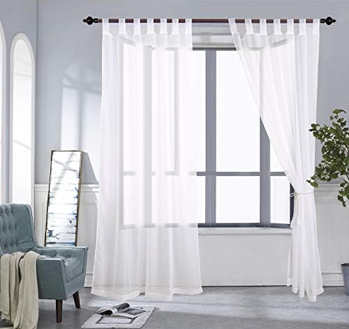 PRAVIVE Tab Top Outdoor Sheer Voile Curtains 84 - Set of 2 Waterproof Indoor Outdoor Blinds with Light Filtering for Porch / Deck / Pergola Curtains with 2 Tiebacks, Off White, W54 x L84 Inches