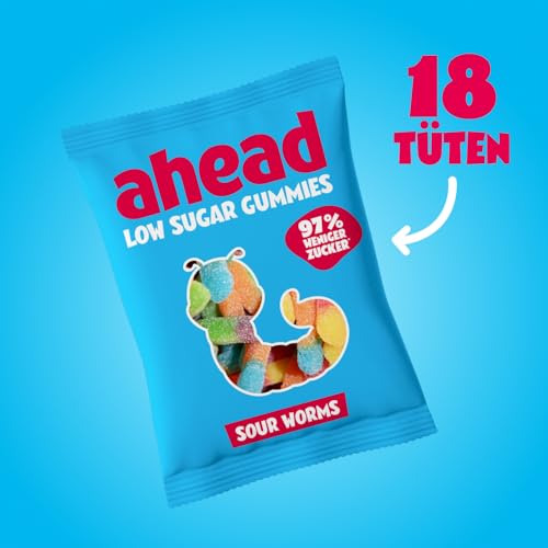 ahead Sour Worms Gummibärchen | Fruchtgummi 18 × 50 g | Gummibärchen ohne Zuckerzusatz | Nur 1 g Zucker & 78 kcal pro 50 g | saure Fruchtgummi-Würmer & ballaststoffreich