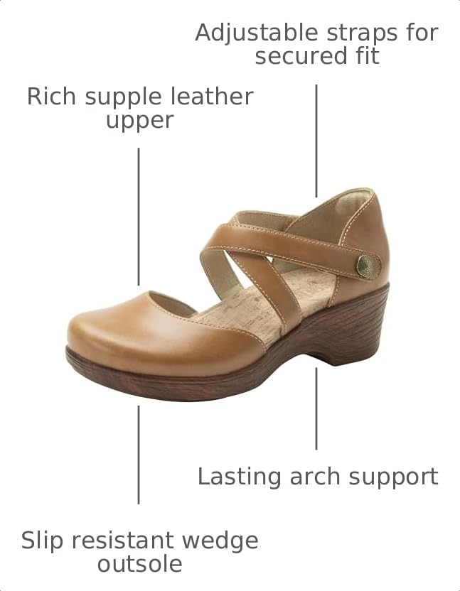 Image of Alegria Womens Savina Leather Wedge - Stylish and Versatile Mary Jane for Endless Support - Enhanced Arch Slip Resistant Platform Ankle Cross Strap Heel for Professionals