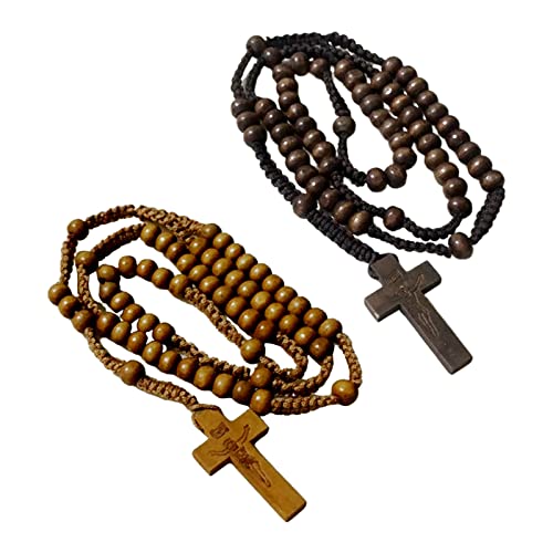 Lamala Perles Bois Croix Chapelet Collier Bijoux Charme Ornements pour Anniversaire Mariage Festival Décorations Fête Collier Chapelet en Bois – vue 2