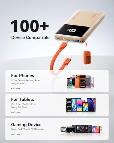 Image of INIU Power Bank, Compact 10000mAh 45W PD Fast Charging Portable Charger | Detachable USB-C Cable, Stand, Flight-Safe, Travel, Flashlight, Battery Pack for iPhone 17 16, Samsung S26, iPad etc, Beige