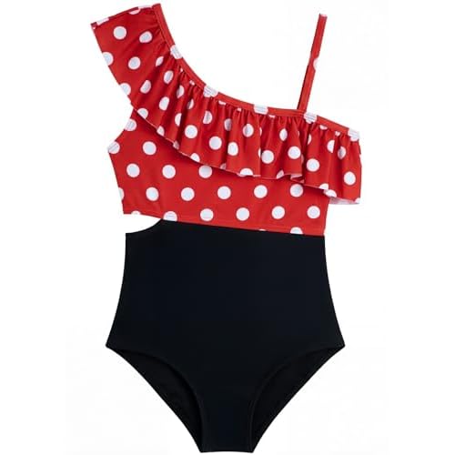 Alakuoti Girls One Piece Swimsuits Cutout Ruffle Bathing Suit Quick Dry Beach Swimwear with Adjustable Strap 5-14 Years 7-8 Years Red Polka Dot