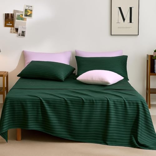 Image of Sofrito Bed Sheet Glace Cotton Striped - 300 TC - Super King (108 inchx108 inch) - with 2 Pillow Cover | Ideal for Hospitals, Clinics, Hostels, PGs, Hotels & Guest Houses | Emerald Green
