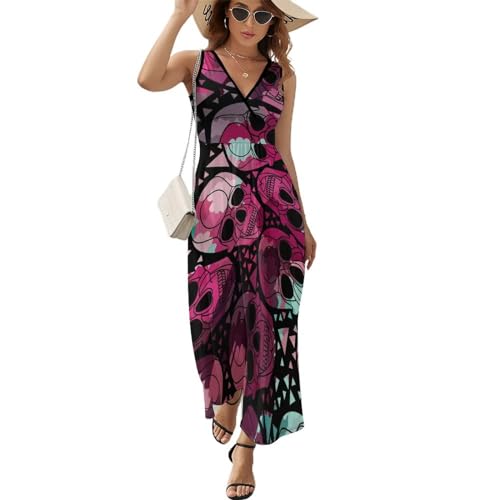 Robe longue d'été crâne violet col V pour vos soirées plage