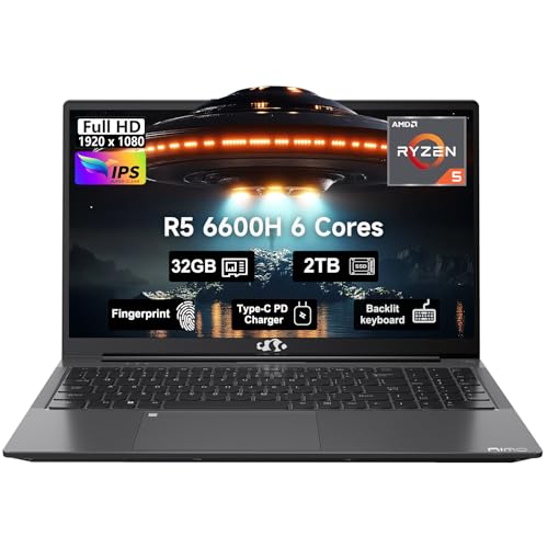 15.6 Business-gaming-Laptop, 6-Cores AMD Ryzen 5 6600H 660M 6nm GPU, 32GB DDR5 2TB SSD(Beat i7-1165G7 up to 4.5GHz)100W Type-C FHD IPS Laptop-Computer with Fingerprint Backlit Keyboard WiFi5 Win11