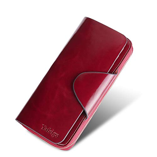 Yafeige Large Luxury Women's RFID Blocking Tri-fold Leather Wallet Zipper Ladies Clutch Purse(1-Waxed Red)