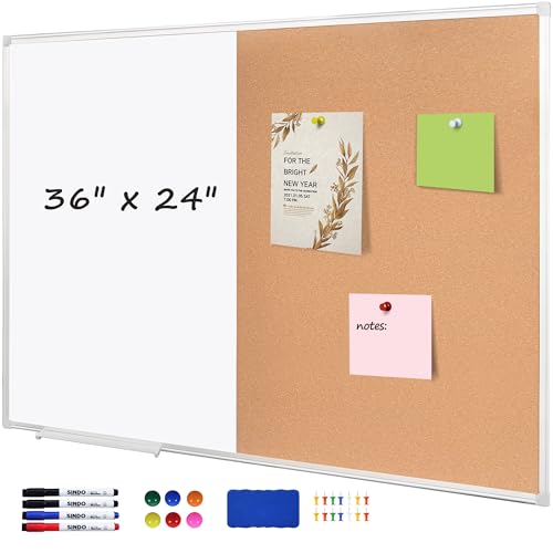 Cork Bulletin Board, 36 X 24 Inches White Magnetic Dry Erase Board, Large Wall Mounted Message Vision Notice Memo Pin Board for Office, Home and School