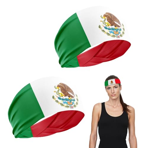 Image of Mexican Flag Headband, 2 Pack, Red, White, Green, One Size Fits Most, 6*106cm, Men, Women, Sports Enthusiasts, Unisex Adults, Soft Polyester, Perfect for Sports, Workouts, and Events