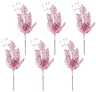 Cranight 6 Pack 16.5 Inch Artificial Glitter Berry Floral Stem Ornaments, Decorative Bead Sticks, Glittery Twigs, Picks, Branches for Christmas Tree, Small Vase, Holiday, Wedding, Party (Pink)