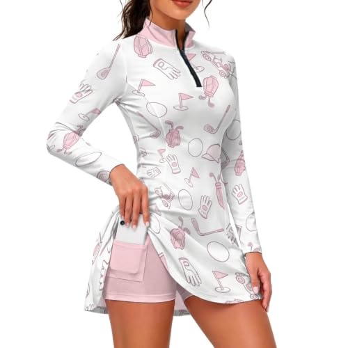 Rnyleeg Pink and White Long Sleeve Golf Dresses for Women with Shorts, S
