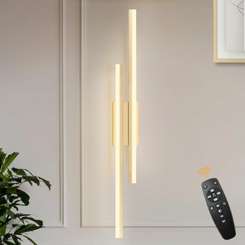 Image of LED Wall Sconce Gold Modern Remote Wall Light Fixtures for Living Room, Dimmable LED Vanity Light Indoor Remote Wall Sconce for Bedside Bedroom Bathroom Dining Room, L39.4inch 1 Pack