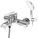 VANCOCO Badewannenarmatur mit Wasserfall-Auslauf & 3-Strahlarten Handbrause Set, Wassersparende Aufputz-Armatur aus Messing (24h Salzsprühnebelprüfung) inkl. Wandhalterung, Chrom